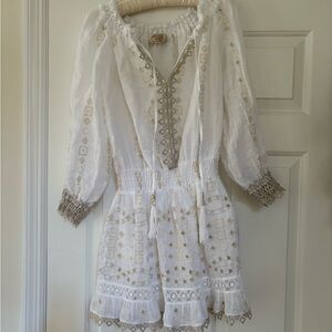TEMPTATION POSITANO GLAM MINI DRESS.SIZE MEDIUM. White & Gold Eyelet Lace Dress